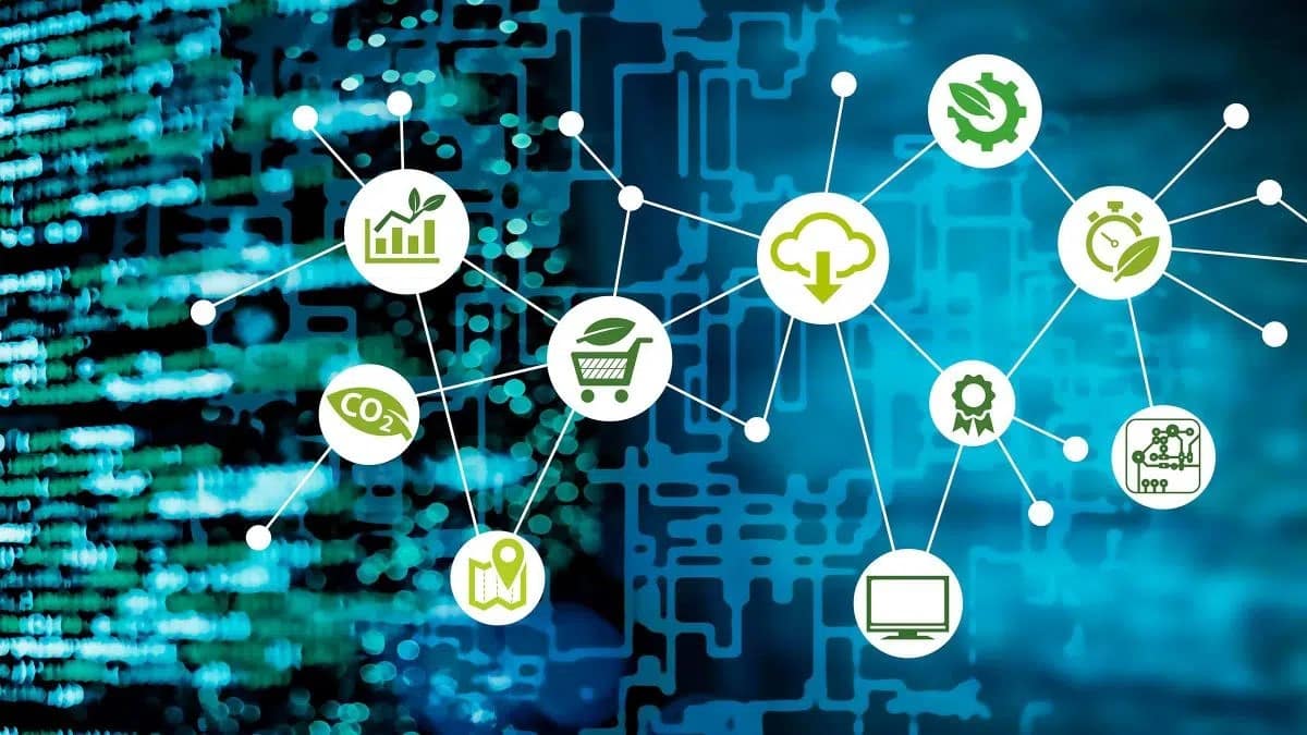 Illustration mit grünen Icons die Nachhaltoigkeit und Industrie symbolisieren.