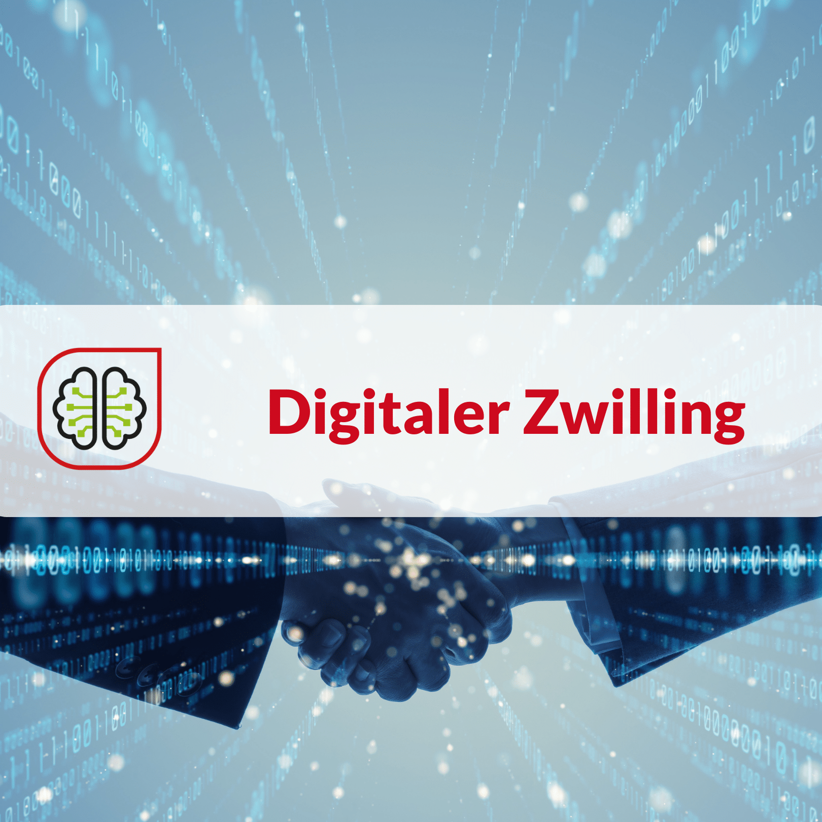 Symbolbild digitaler Zwilling. Händeschütteln mit eingeblendetem Code